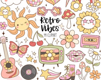 Puede incluir: Un conjunto de 44 imágenes de clipart con temática retro en rosa, amarillo, verde y naranja. Las imágenes incluyen un sol, un arcoíris, un corazón, un hongo, una flor, una mariposa, una guitarra, un disco, un televisor, una cinta de casete, unas gafas de sol, una bola de discoteca, una estrella, una bota y una nube. El texto "Retro Vibes 44 Clipart" está incluido en la imagen.