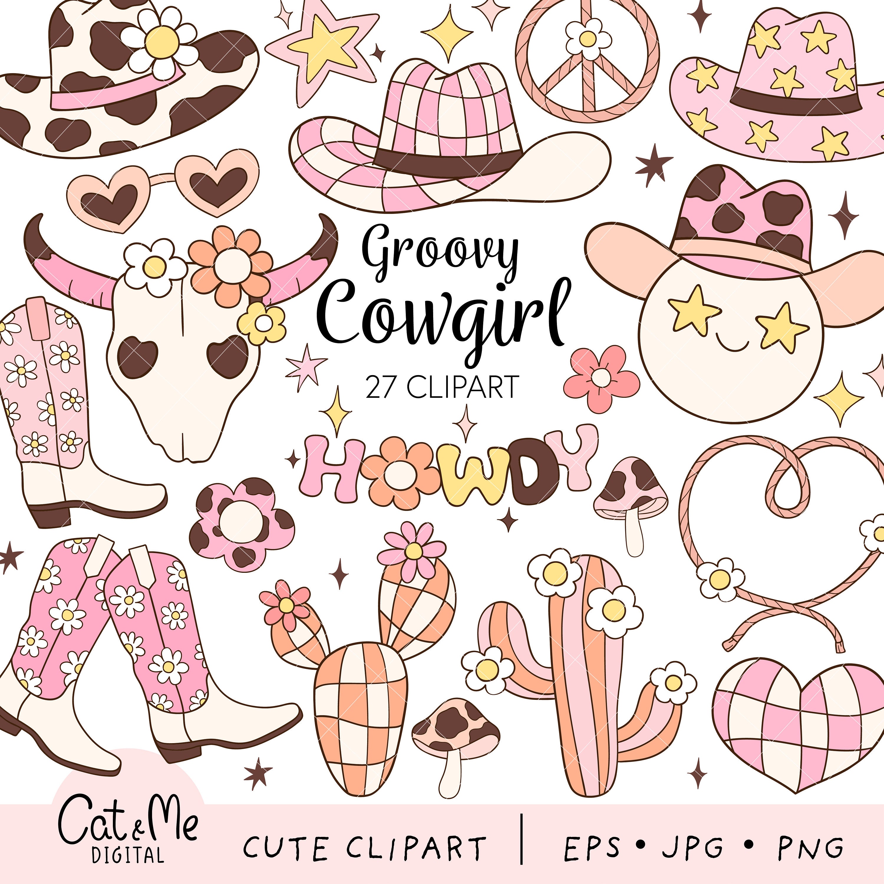 Groovy cowgirl clipart Wild west clipart Retro cowgirl png Disco cowgirl png Girly cowgirl gift Hippie clipart Cowboy Hat Boots Cactus Png