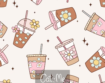 Retro iced coffee seamless pattern Girly coffee pattern Coffee repeating pattern for sublimation Coffee lover Flower coffee digital paper
