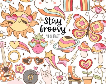 May include: A set of 43 retro-style clip art images in a bright color palette. The images include a sun with sunglasses, a rainbow, a mushroom, a butterfly, a strawberry, a record, a guitar, a roller skate, a peace sign, a daisy, a heart, a lightning bolt, a star, a planet, a cloud, a disco ball, and the text "Stay Groovy".