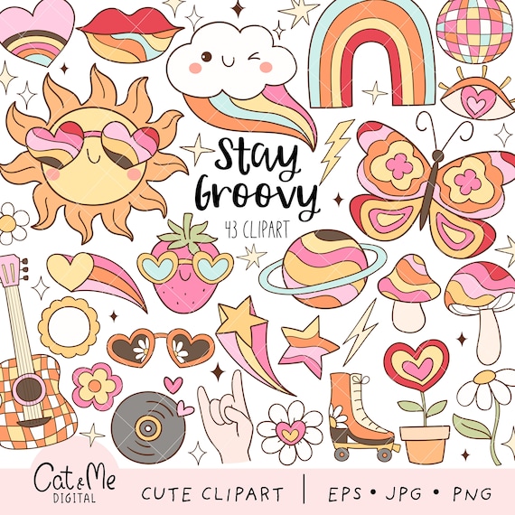 Retro groovy clipart Stay groovy png Hippie power flower png Trendy clipart Positive vibes png Daisy Rainbow Disco ball Groovy gift png