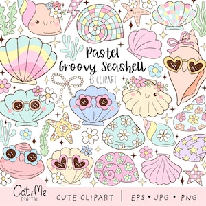May include: A set of 43 pastel-coloured seashell clip art illustrations. The seashells are in various shapes and sizes, and some have cute faces with sunglasses. There are also some starfish, flowers, and other ocean-themed elements.