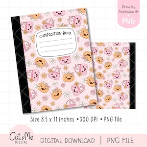 Könnte beinhalten: Ein rosa Notizbuch mit schwarzem Rücken und ein passender kleiner Notizblock. Das Cover zeigt ein sich wiederholendes Muster aus lächelnden Kürbissen, Handtaschen und Blumen. Der Text "COMPOSITION BOOK" steht auf der Vorderseite. Größe: 21,6 x 27,9 cm.