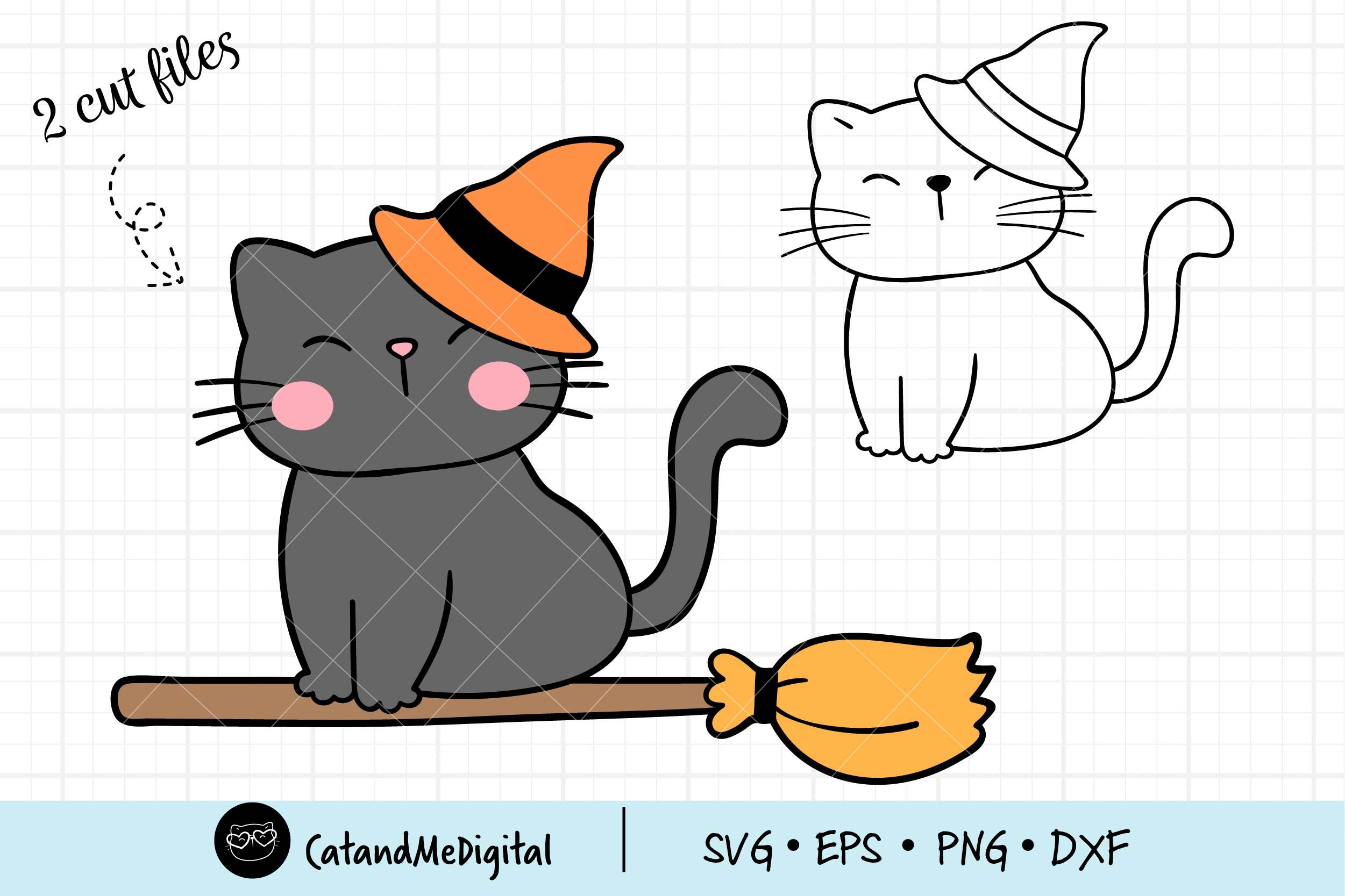 Boucles d'oreilles chat noir sorcier au balai et chapeau.