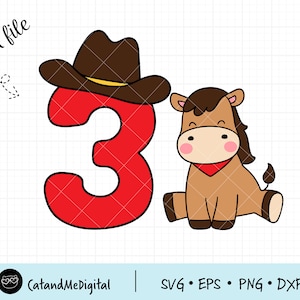 Puede incluir: Un número tres rojo con un sombrero de vaquero marrón en la parte superior. Un caballo de dibujos animados marrón con una bandana roja está sentado a la derecha del número.