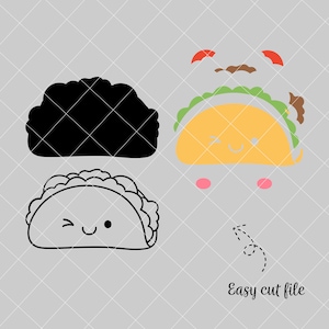 May include: A black and white illustration of a smiling taco with a winking eye. The taco is filled with lettuce, meat, and cheese. The image includes the text "Easy cut file".