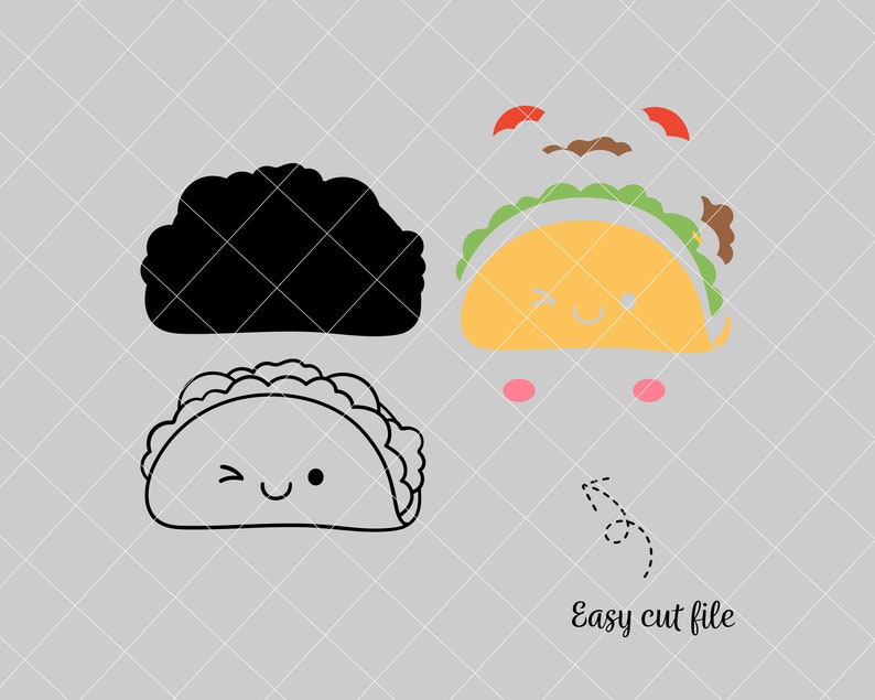 May include: A black and white illustration of a smiling taco with a winking eye. The taco is filled with lettuce, meat, and cheese. The image includes the text "Easy cut file".