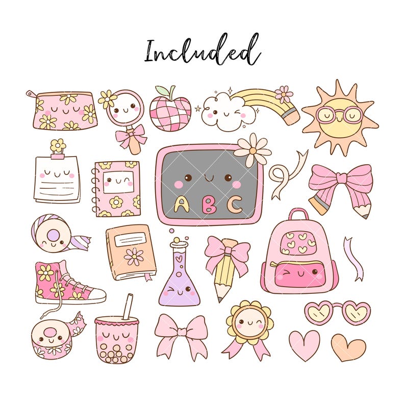 Pode incluir: Um conjunto de 18 ilustra&ccedil;&otilde;es de desenhos animados fofos que representam materiais escolares, incluindo um l&aacute;pis, uma mochila, um quadro-negro, uma lupa, um caderno, um la&ccedil;o, um sol, uma nuvem, um arco-&iacute;ris, uma garrafa, um bubble tea, um biscoito, um par de &oacute;culos, um cora&ccedil;&atilde;o, uma flor, uma fita e um distintivo. As ilustra&ccedil;&otilde;es s&atilde;o em rosa, amarelo e azul.