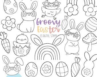Groovy easter digital stamp Doodle outline coloring Easter clipart Retro spring coloring Easter eggs Bunny Daisy digistamp Coloring page