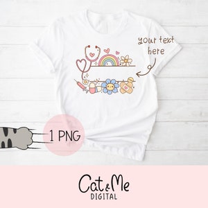 May include: White t-shirt with a rainbow, stethoscope, pills, a bandage, and a flower. The text "your text here" is written on the shirt.