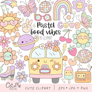May include: A collection of pastel-colored clip art elements, including a yellow bus, flowers, butterflies, a rainbow, and a disco ball. The text "Pastel good vibes" is displayed. The image is labeled "45 clipart".