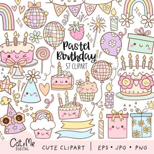 Groovy pastell Geburtstag Clipart, Alles Gute zum Geburtstag png, Klassenzimmer Dekor, Kinder Geburtstag, Feier, Kuchen, Banner, Ballon, Geburtstagsparty Geschenk