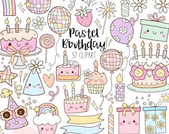 Groovy pastel birthday clipart Happy birthday png Classroom decor png Kids birthday png Celebration Cake Banner Balloon Birthday party gift