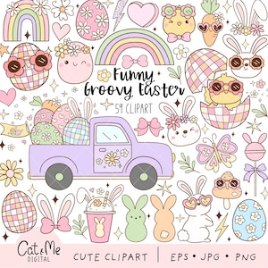 May include: A set of 59 Easter-themed clip art images in a pastel color palette. The images include bunnies, chicks, eggs, flowers, rainbows, and a pickup truck filled with Easter eggs. The text "Funny Groovy Easter" is included in the image.