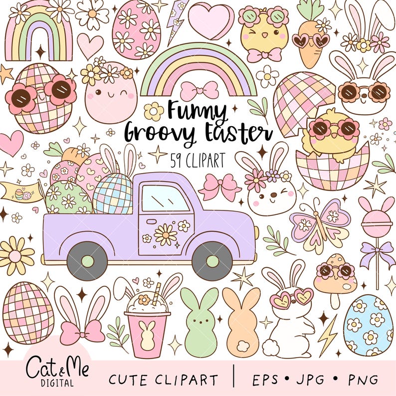May include: A set of 59 Easter-themed clip art images in a pastel color palette. The images include bunnies, chicks, eggs, flowers, rainbows, and a pickup truck filled with Easter eggs. The text "Funny Groovy Easter" is included in the image.