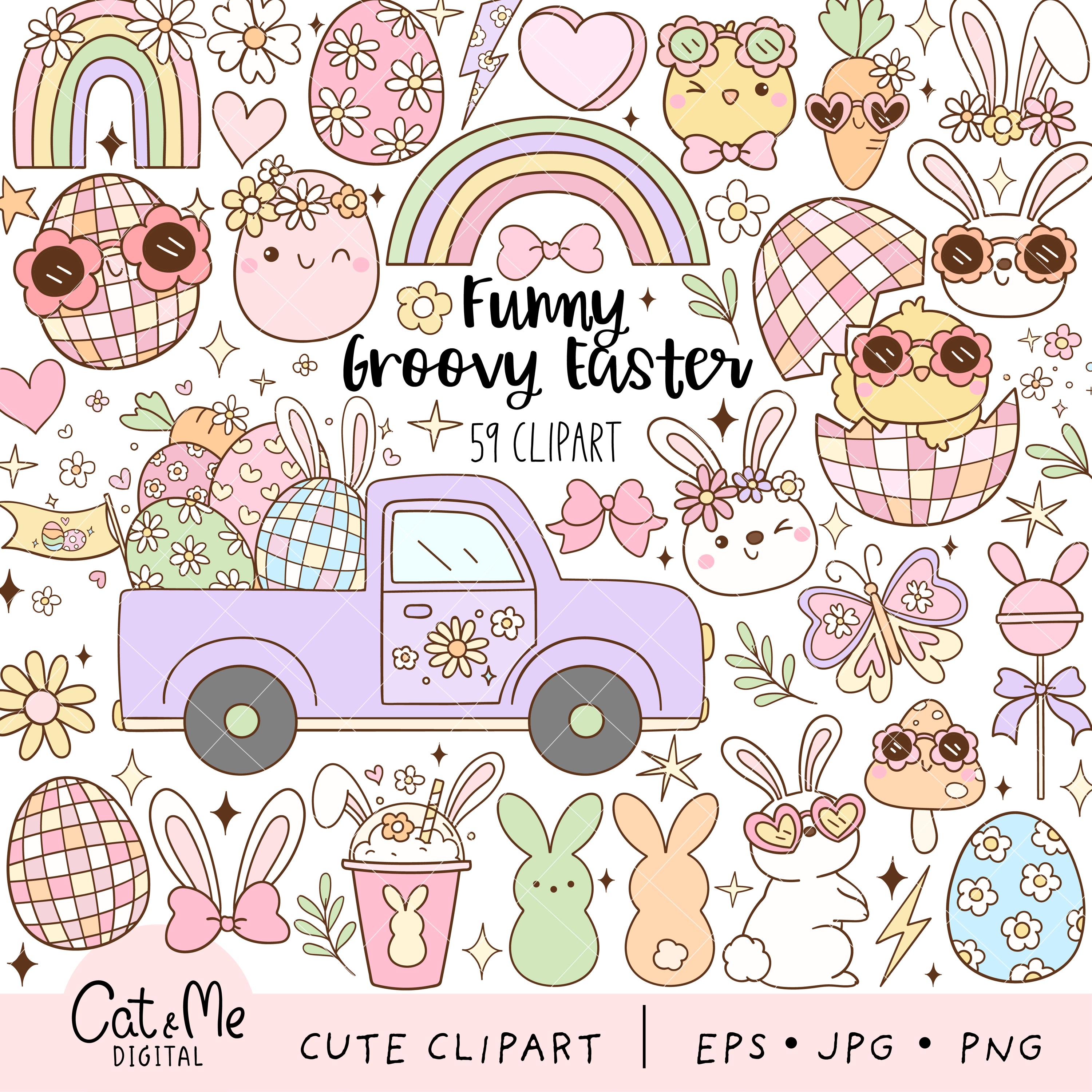 Retro groovy easter clipart Pastel easter png Spring clipart Hippie funny easter Disco Chick Bunny Easter eggs Daisy flower Easter gift png