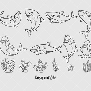 Pu&ograve; includere: Un set di disegni in bianco e nero di squali, alghe e una stella marina. Gli squali sono in varie pose, tra cui nuotare, saltare e sorridere. Le alghe sono in una variet&agrave; di forme e dimensioni. La stella marina &egrave; una semplice stella a cinque punte.