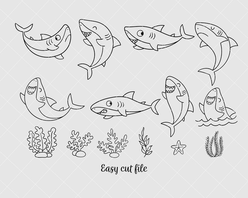 Pu&ograve; includere: Un set di disegni in bianco e nero di squali, alghe e una stella marina. Gli squali sono in varie pose, tra cui nuotare, saltare e sorridere. Le alghe sono in una variet&agrave; di forme e dimensioni. La stella marina &egrave; una semplice stella a cinque punte.