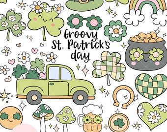 Groovy retro St. patrick's day Retro St Patricks clipart Retro spring clipart Lucky day Hippie clipart Rainbow Shamrock Daisy flower clipart