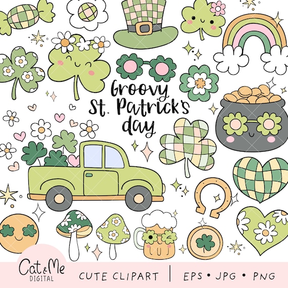 Groovy retro St. patrick's day Retro St Patricks clipart Retro spring clipart Lucky day Hippie clipart Rainbow Shamrock Daisy flower clipart