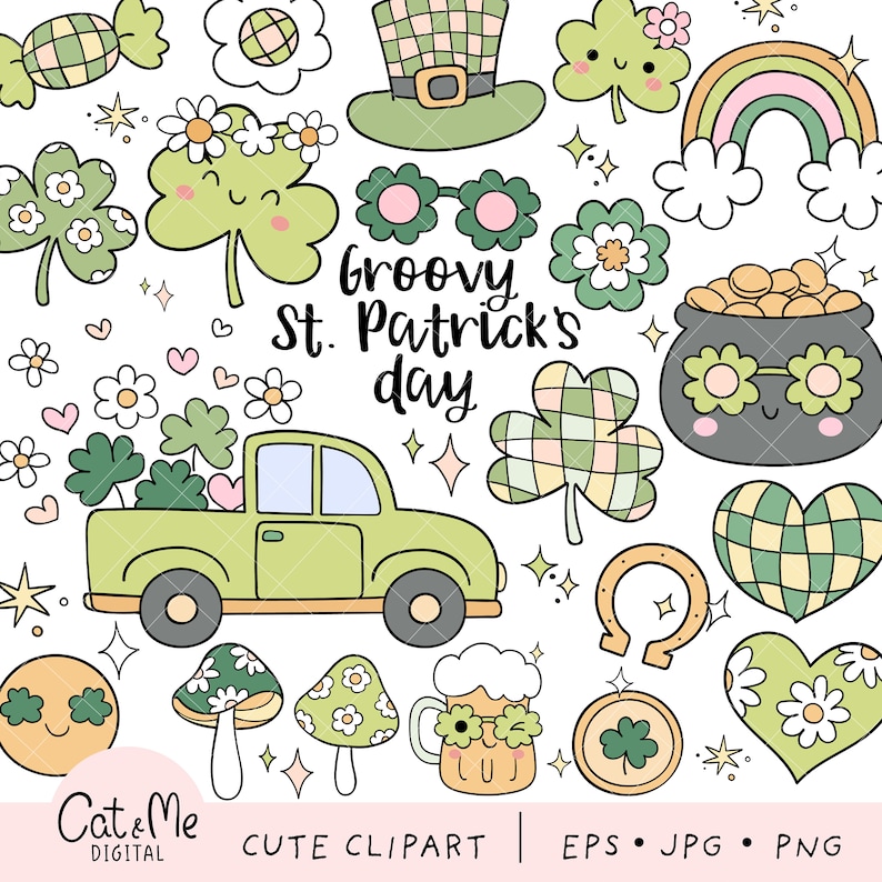 May include: A collection of St. Patrick's Day themed digital clipart. Includes a green truck, shamrocks, a leprechaun hat, a rainbow, a pot of gold, and the text "groovy St. Patrick's day". The clipart is in a cute, cartoon style.