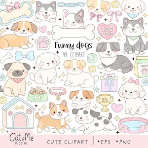 以下が含まれることがあります： 44匹の犬をテーマにしたかわいいクリップアート画像のコレクション。さまざまな犬種、骨、ハート、犬小屋、そして「Funny dogs」と「Cute Clipart」のテキストが含まれています。パステルカラーの柔らかい色使いです。