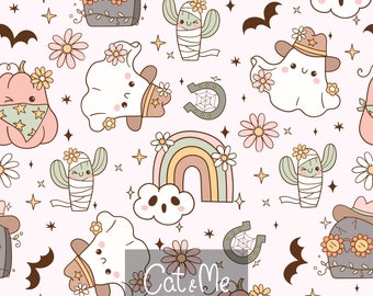 Western halloween pattern Cowboy ghost seamless Retro halloween repeating pattern for sublimation Spooky rainbow pumpkin digital paper