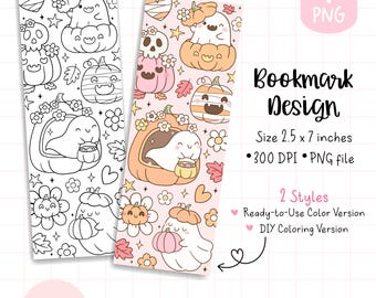 May include: Two bookmark designs featuring Halloween-themed illustrations. One is in black and white, the other in color. The designs include ghosts, pumpkins, skulls, and flowers. The bookmarks are 2.5 x 7 inches.