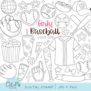May include: A set of 32 black and white digital stamps featuring girly baseball themed illustrations. The illustrations include a baseball glove, a baseball, a baseball bat, a baseball jersey, a hot dog, popcorn, a flower, a star, a lightning bolt, a heart, a bow, a sun, a baseball cap, sunglasses, a pitcher, a catcher's mitt, and a banner.