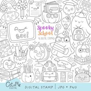 Puede incluir: Sellos digitales en blanco y negro con temática de escuela espeluznante. Incluye fantasmas, calabazas, útiles escolares y el texto "Spooky School" y "Boo!". La imagen también incluye el texto "46 DIGITAL STAMP".