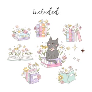 May include: A set of digital illustrations featuring a black cat sitting on a stack of books with flowers, a stack of books with flowers, an open book with flowers, a stack of books with flowers, and an open book with flowers. The text "Included" is at the top of the image.