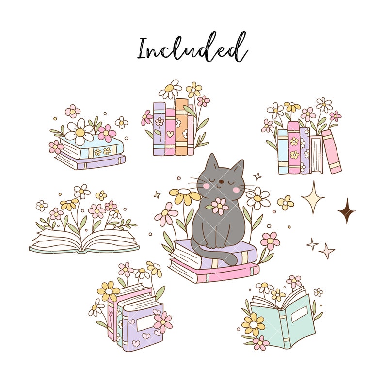 May include: A set of digital illustrations featuring a black cat sitting on a stack of books with flowers, a stack of books with flowers, an open book with flowers, a stack of books with flowers, and an open book with flowers. The text "Included" is at the top of the image.