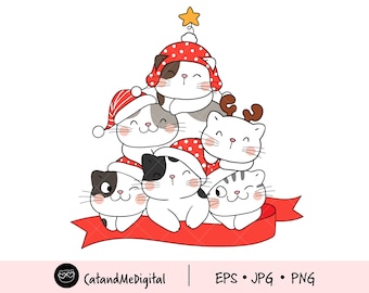 Kat kerstmis clipart kerstboom clipart Cat clipart Winter clipart kerstcadeau Dieren kerstmis Kat illustratie Kerstfeest