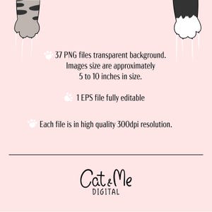 Op de afbeelding: Een digitaal product met 37 PNG-bestanden met transparante achtergrond, 1 volledig bewerkbaar EPS-bestand en een hoge resolutie van 300 dpi. De afbeeldingen zijn ongeveer 12,7 tot 25,4 cm groot. De tekst luidt Cat & Me DIGITAL.