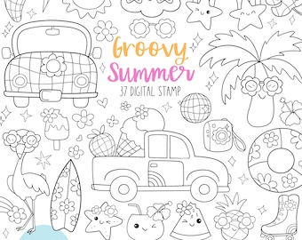 Carimbo digital de verão bacana Doodle contorno para colorir Retro verão Hippie praia de verão Disco Flamingo Frutas do mar digistamp Página para colorir