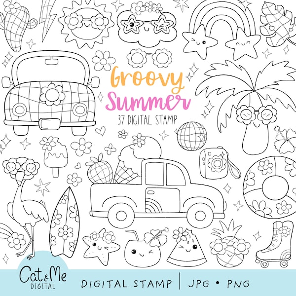 Groovy summer digital stamp Doodle outline coloring Retro summer Hippie summer beach Disco Flamingo Sea Fruits digistamp Coloring page