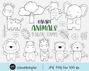 Cyfrowy znaczek ze zwierzętami safari Dzikie zwierzęta clipart Kontur kolorowania Dziecko safari digistamp Żyrafa Tygrys Lew Zebra Kolorowanka clipart