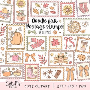 Puede incluir: Una colección de 48 sellos postales de otoño de estilo doodle. Los sellos presentan calabazas, girasoles, hojas, lazos y otras ilustraciones con temática otoñal. Se muestra el texto "Doodle fall Postage stamps".