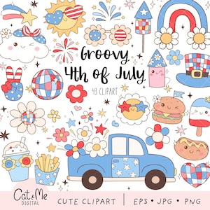 Groovy 4 lipca clipart Retro 4 lipca png Hippie patriotyczny Ameryka clipart Letnia flaga Fajerwerki Jedzenie png Dyskoteka 4 lipca koszulka