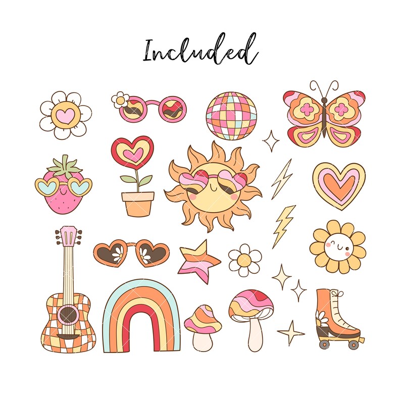 Puede incluir: Un conjunto de 14 ilustraciones de estilo retro, que incluyen un arco&iacute;ris, un sol con gafas de sol, una guitarra, un hongo, un pat&iacute;n, una mariposa, una flor, un coraz&oacute;n, una estrella, una bola de discoteca y gafas de sol. Las ilustraciones est&aacute;n en una paleta de colores brillantes de rosa, amarillo, naranja y azul.