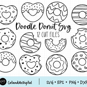 May include: A set of 12 black and white donut SVG cut files. The donuts are in various styles, including sprinkles, hearts, and stripes. The text "Doodle Donut Svg" and "12 Cut Files" is included in the image.