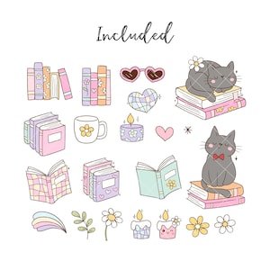 May include: A set of 16 digital illustrations featuring cute cats, books, candles, and other cozy elements. The illustrations are in a pastel color palette and feature a whimsical style.