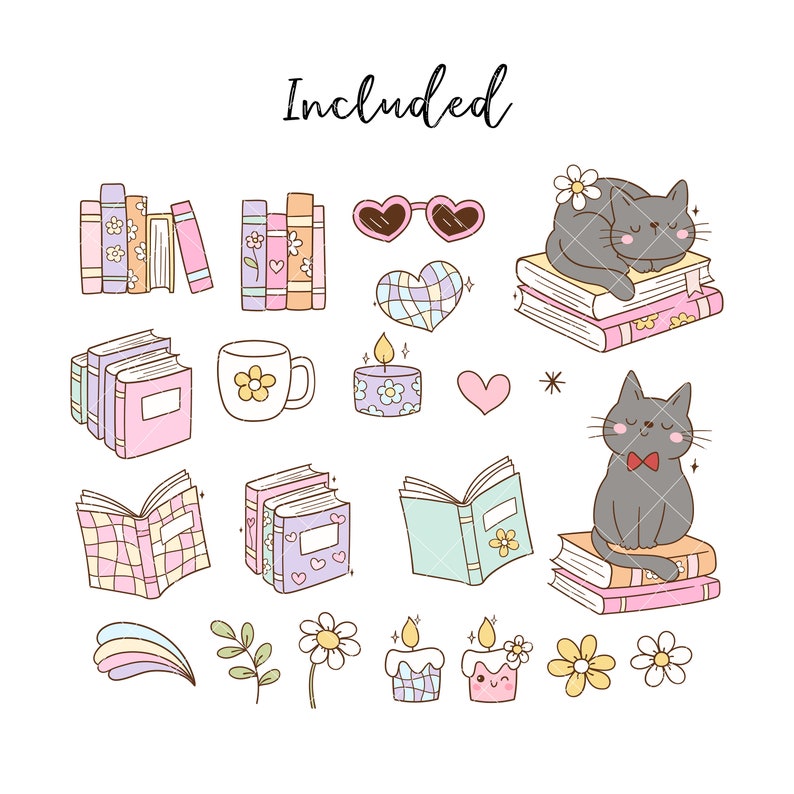 May include: A set of 16 digital illustrations featuring cute cats, books, candles, and other cozy elements. The illustrations are in a pastel color palette and feature a whimsical style.