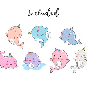 K&ouml;nnte beinhalten: Set mit 7 niedlichen Cartoon-Narwal-Illustrationen. Die Narwale sind in verschiedenen Farben, darunter rosa, blau, lila und grau. Jeder Narwal hat ein Einhornhorn und einen fr&ouml;hlichen Ausdruck.