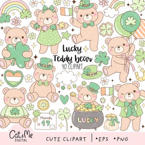 Puede incluir: Un conjunto de imágenes prediseñadas de osos de peluche con temática del Día de San Patricio. Las ilustraciones incluyen osos con tréboles, sombreros de duende y banderas irlandesas. El texto incluye "Lucky Teddy bear" y "March 17".