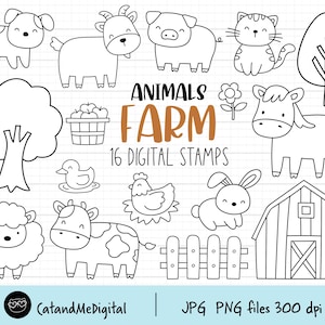 Farm animal digital stamp Outline animal coloring Cute farm digistamp Animal digital stamp Cow Sheep Horse Pig Duck Barn Coloring clipart