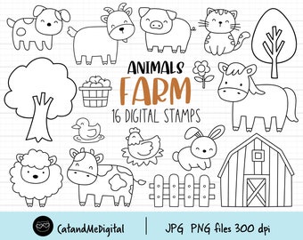 Carimbo digital de animal de fazenda Esboço de animal para colorir Bonito carimbo digital de fazenda Carimbo digital de animal Vaca Ovelha Cavalo Porco Pato Celeiro para colorir clipart