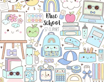 May include: A collection of cute, cartoon-style school-themed clipart. Includes a blue backpack, laptop, books, apple, pencils, and a rainbow. The text "Blue School 57 Clipart" is also visible.