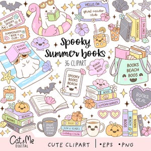 May include: A collection of cute, pastel-colored clipart featuring a ghost reading, books, pumpkins, seashells, and drinks. Text includes "Spooky Summer Books", "Beach Reads", and "Books Beach Boos".