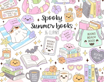 Spooky Summer Books Clipart, Pastel Summerween, Bookish Lover, Aesthetic Book Club PNG, Cozy Reading For Stickers (Digital Download)